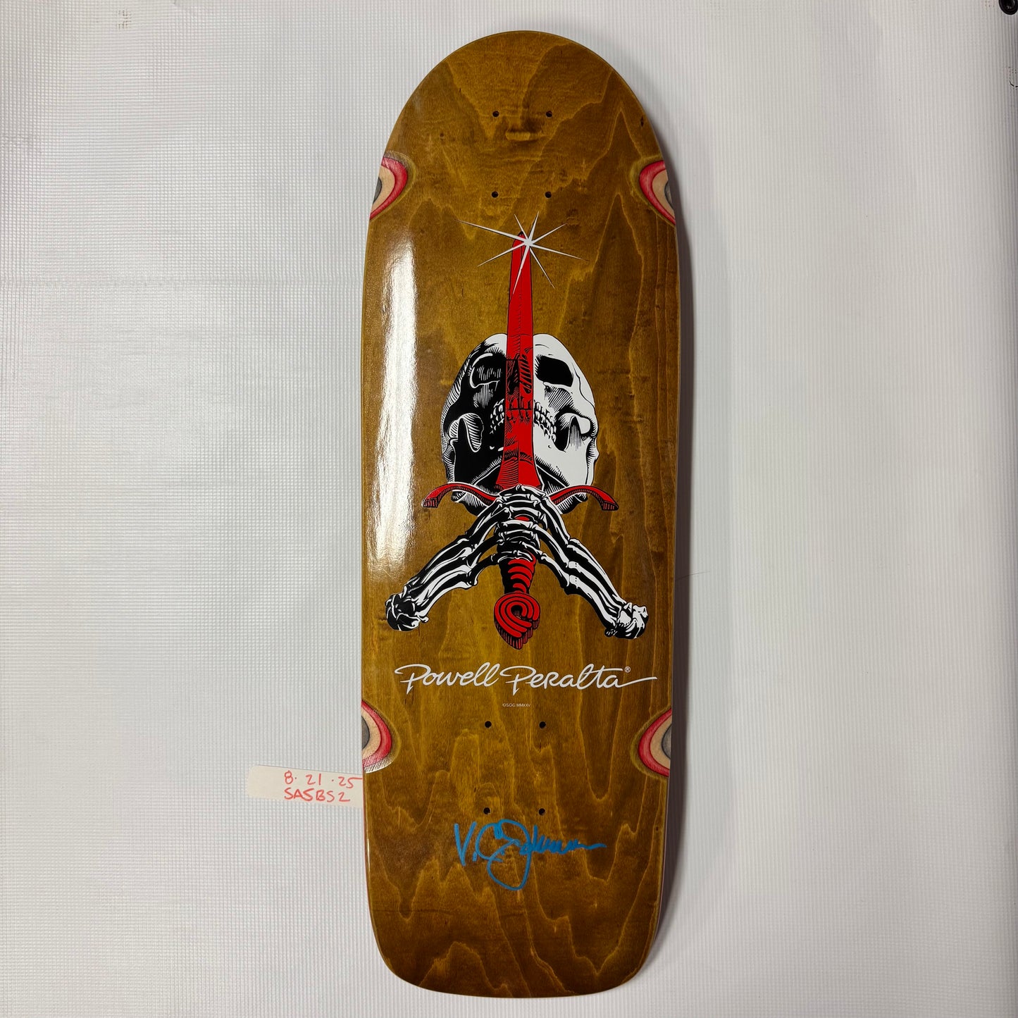 Powell Peralta OG Skull & Sword Reissue Skateboard Deck Honey Brown Stain SIGNED by VCJ (original artist)#2