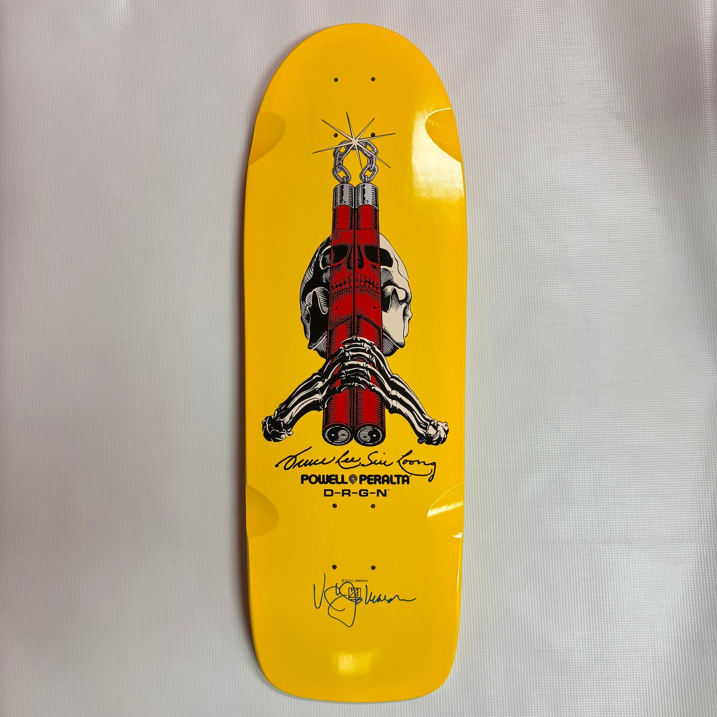 Signed VCJ Powell Peralta Skull & Nunchucks Bruce Lee Collab Skateboard Deck Yellow