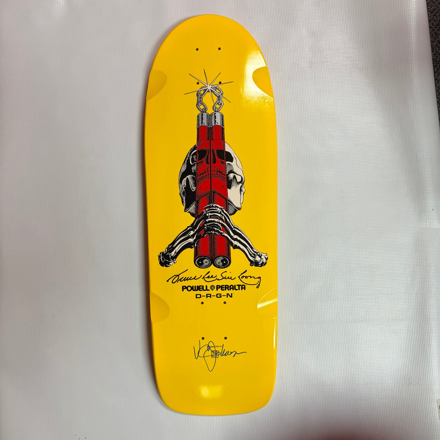 Signed VCJ Powell Peralta Skull & Nunchucks Bruce Lee Collab Skateboard Deck Yellow