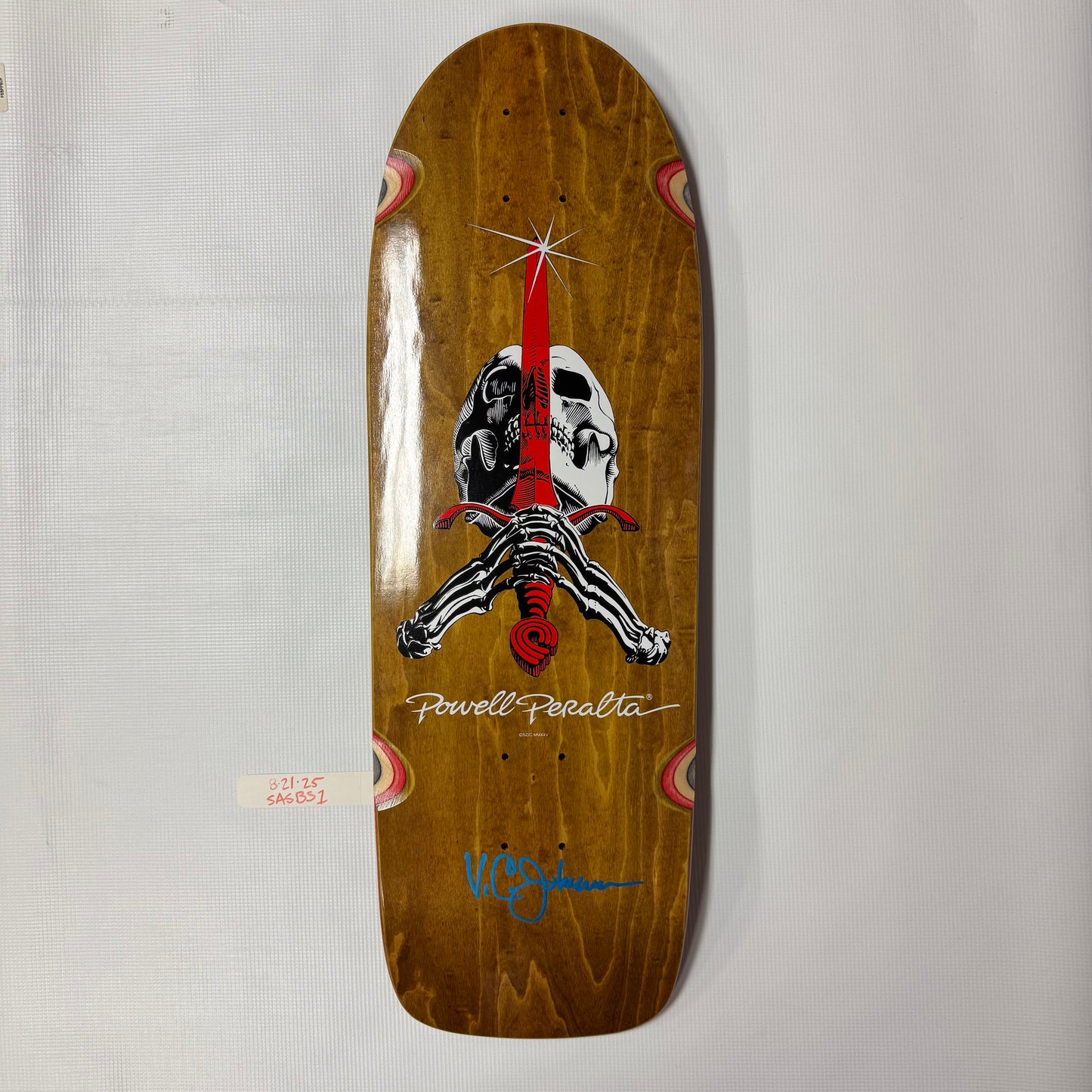 Powell Peralta OG Skull & Sword Reissue Skateboard Deck Honey Brown Stain SIGNED by VCJ (original artist)#1