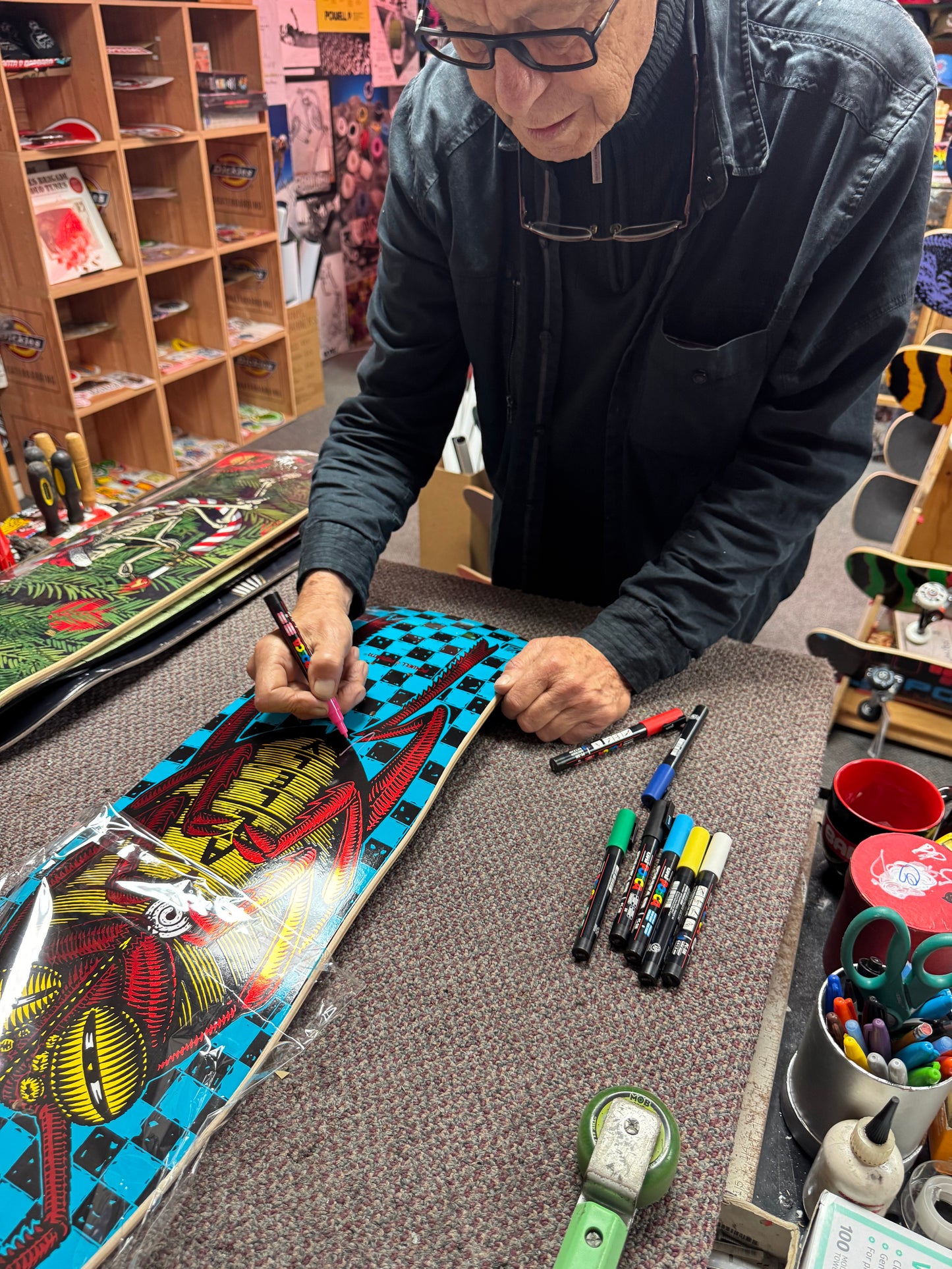 VCJ signed Powell Peralta Mike Vallely Bug Reissue Skateboard Deck Blue w/Red Foil - Green Paint