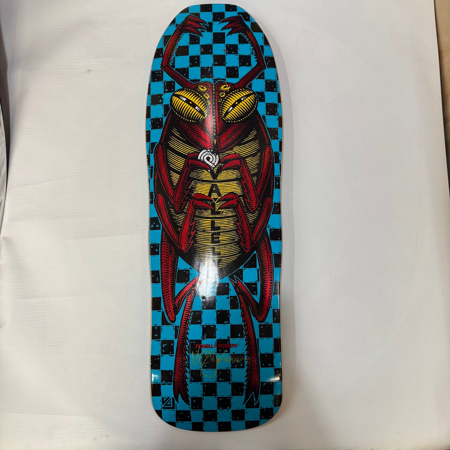 VCJ signed Powell Peralta Mike Vallely Bug Reissue Skateboard Deck Blue w/Red Foil - Red Paint
