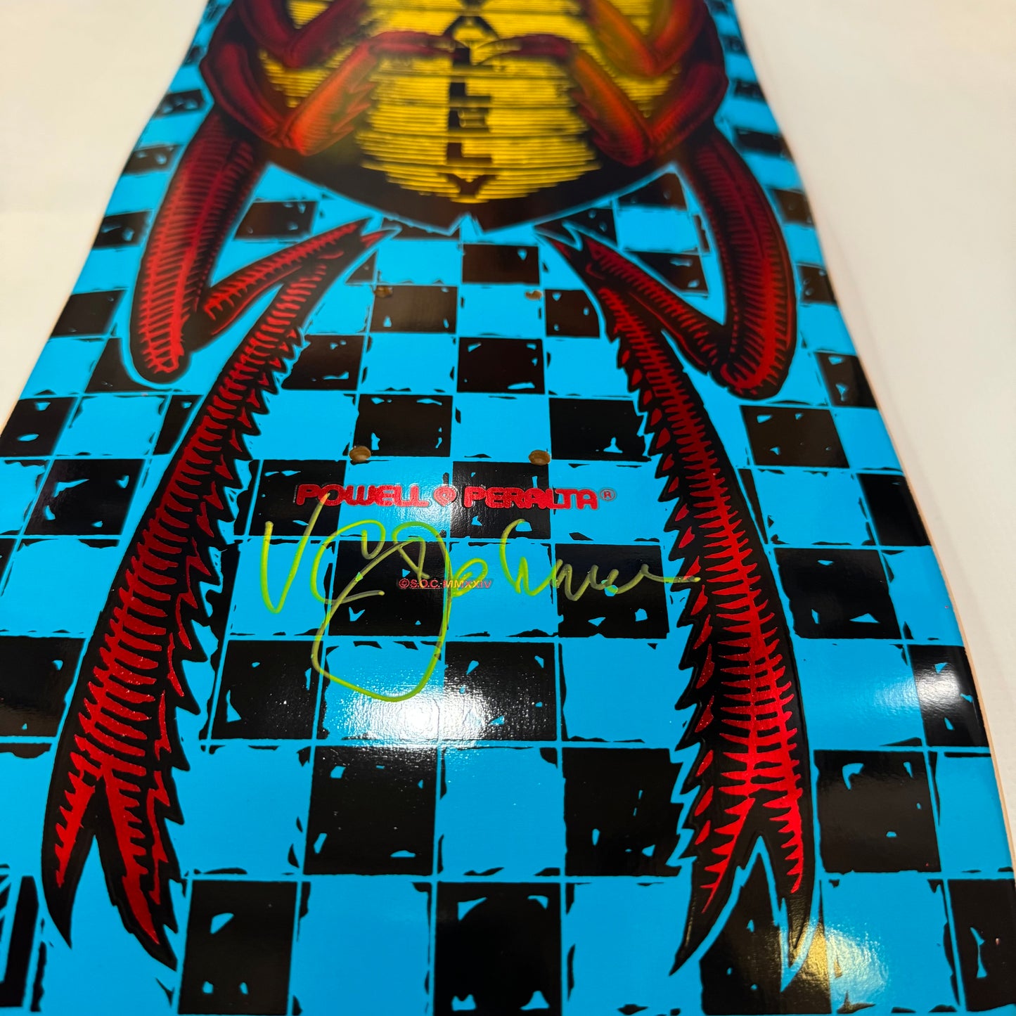 VCJ signed Powell Peralta Mike Vallely Bug Reissue Skateboard Deck Blue w/Red Foil - Yellow Paint