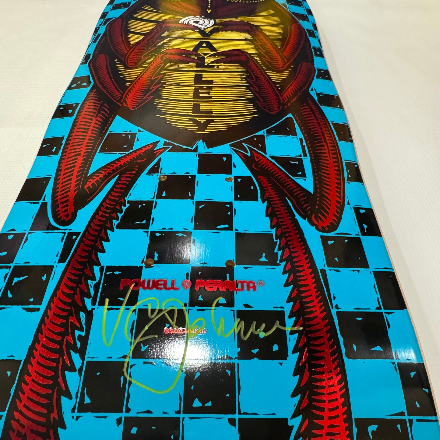 VCJ signed Powell Peralta Mike Vallely Bug Reissue Skateboard Deck Blue w/Red Foil - Yellow Paint