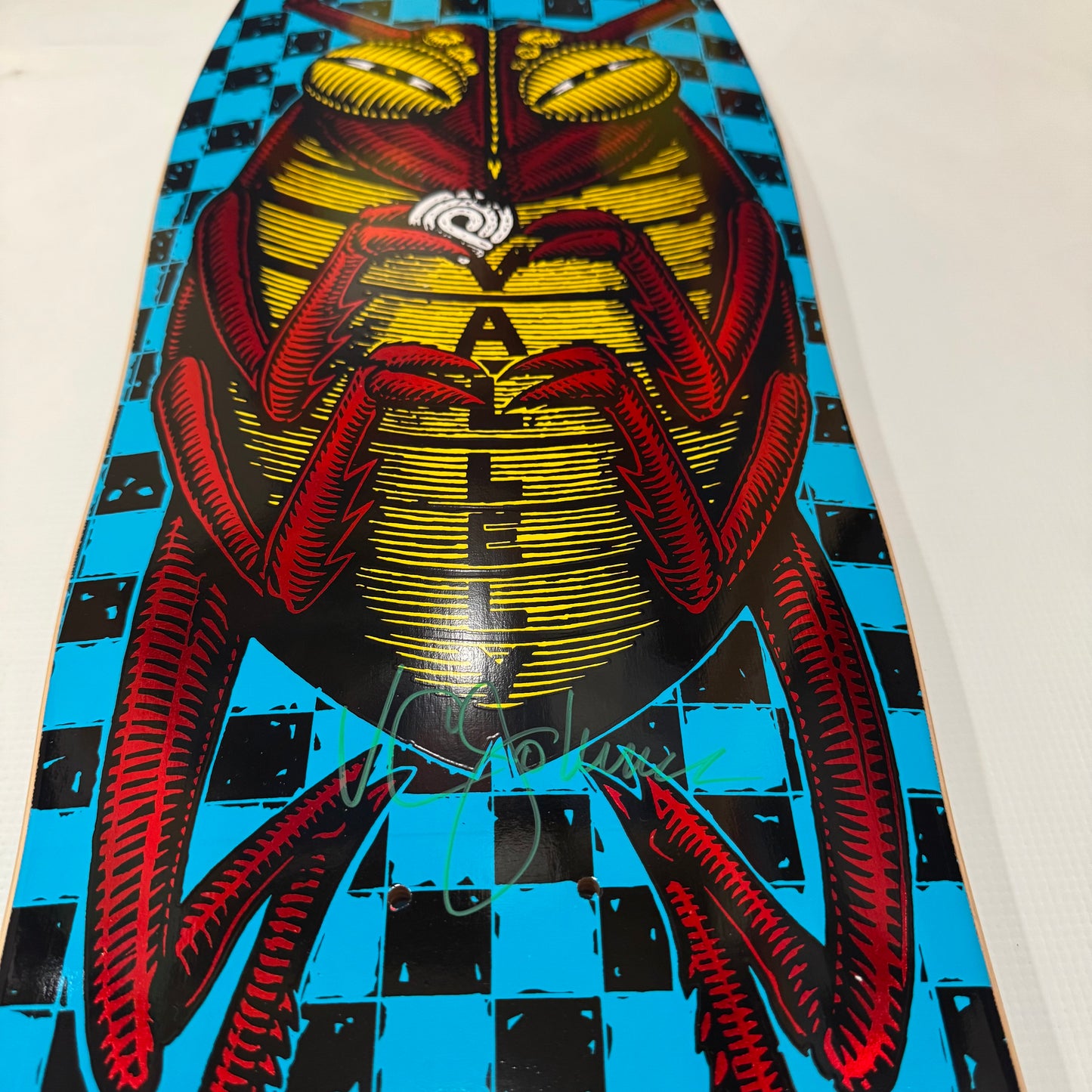 VCJ signed Powell Peralta Mike Vallely Bug Reissue Skateboard Deck Blue w/Red Foil - Green Paint