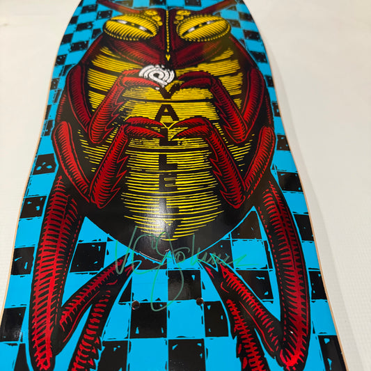 VCJ signed Powell Peralta Mike Vallely Bug Reissue Skateboard Deck Blue w/Red Foil - Green Paint