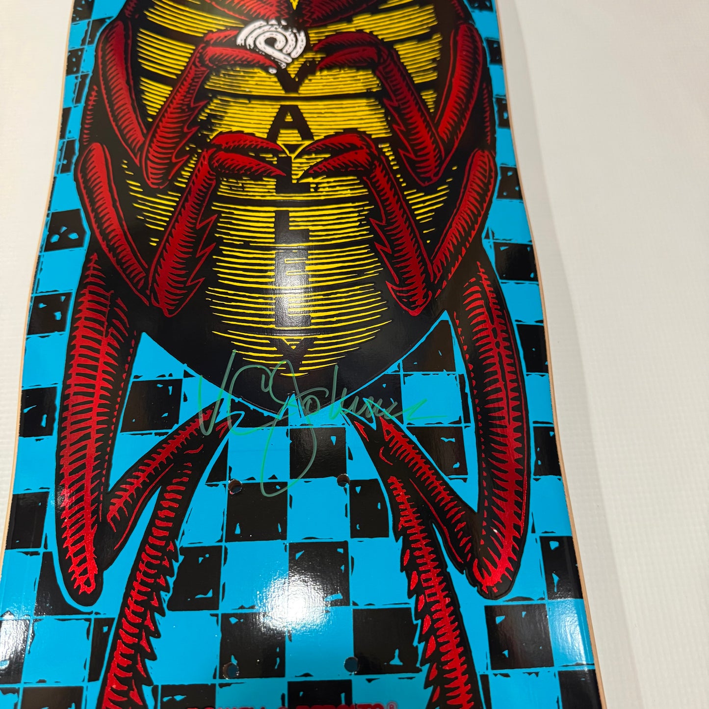 VCJ signed Powell Peralta Mike Vallely Bug Reissue Skateboard Deck Blue w/Red Foil - Green Paint