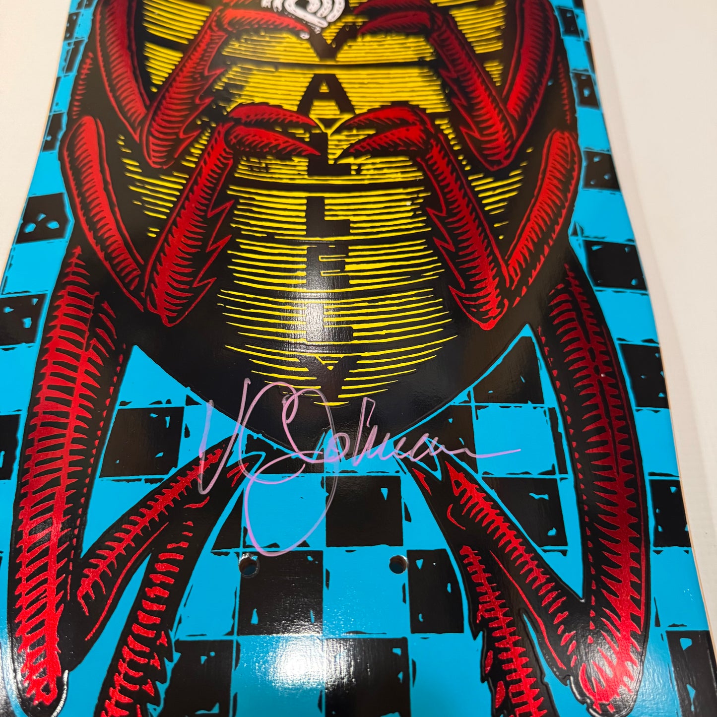 VCJ signed Powell Peralta Mike Vallely Bug Reissue Skateboard Deck Blue w/Red Foil - Pink Paint