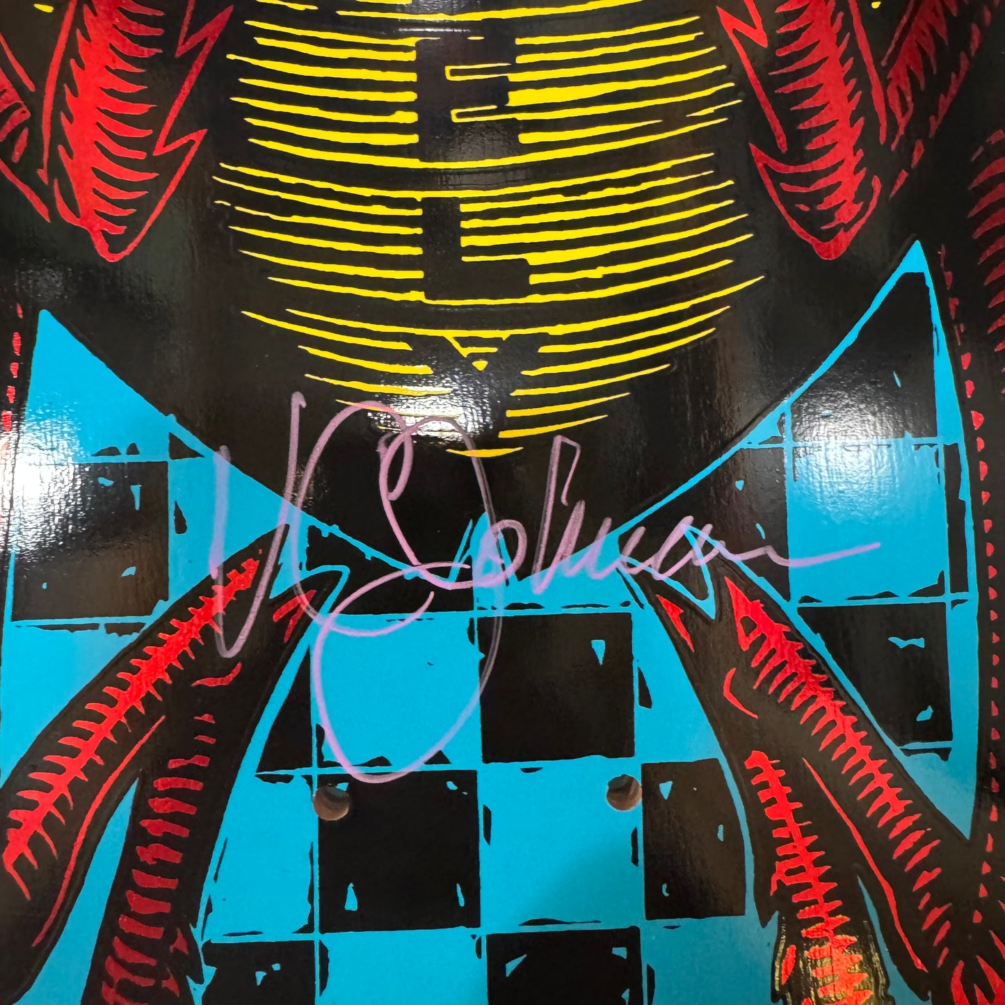 VCJ signed Powell Peralta Mike Vallely Bug Reissue Skateboard Deck Blue w/Red Foil - Pink Paint